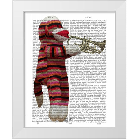 Sock Monkey Playing Trumpet White Modern Wood Framed Art Print by Fab Funky
