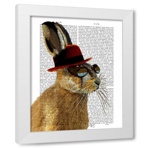Steampunk Hare with Bowler Hat White Modern Wood Framed Art Print by Fab Funky