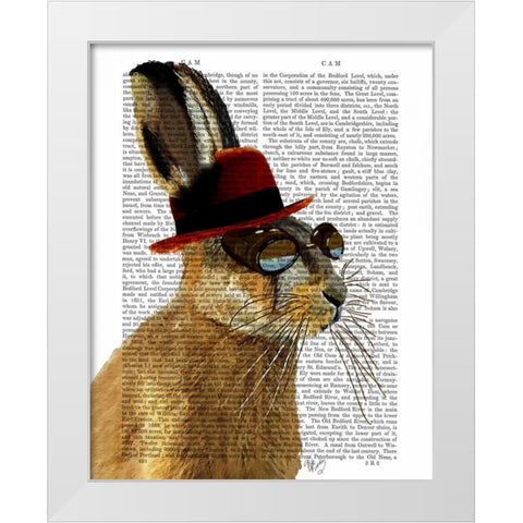 Steampunk Hare with Bowler Hat White Modern Wood Framed Art Print by Fab Funky