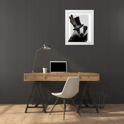 Steampunk Badger in Top Hat White Modern Wood Framed Art Print by Fab Funky