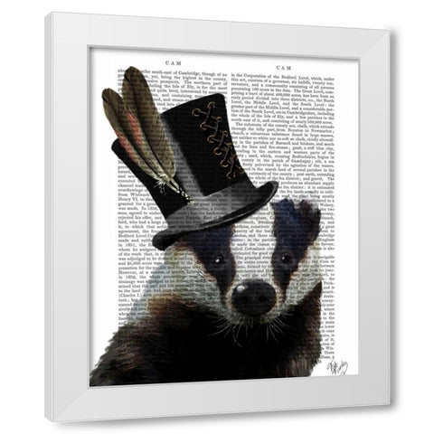 Steampunk Badger in Top Hat White Modern Wood Framed Art Print by Fab Funky