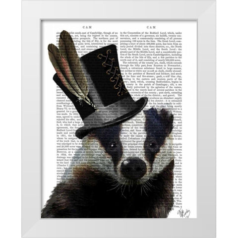 Steampunk Badger in Top Hat White Modern Wood Framed Art Print by Fab Funky