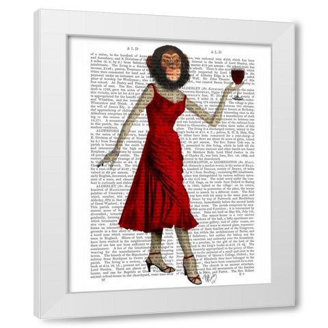 Chimp With Wine White Modern Wood Framed Art Print by Fab Funky