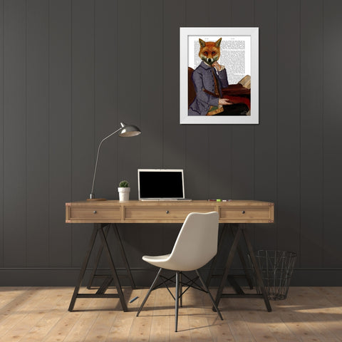 Fox With Flute White Modern Wood Framed Art Print by Fab Funky