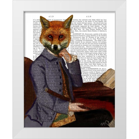 Fox With Flute White Modern Wood Framed Art Print by Fab Funky