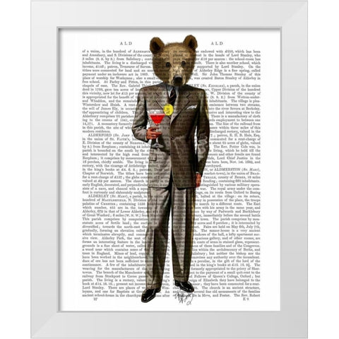 Bear with Cocktail White Modern Wood Framed Art Print by Fab Funky