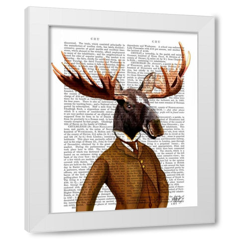 Moose In Suit Portrait White Modern Wood Framed Art Print by Fab Funky