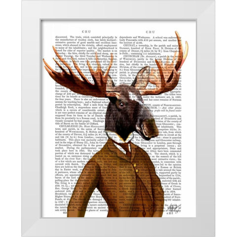 Moose In Suit Portrait White Modern Wood Framed Art Print by Fab Funky