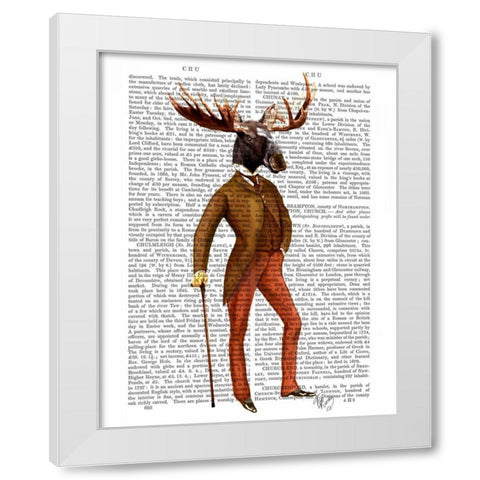 Moose In Suit Full White Modern Wood Framed Art Print by Fab Funky