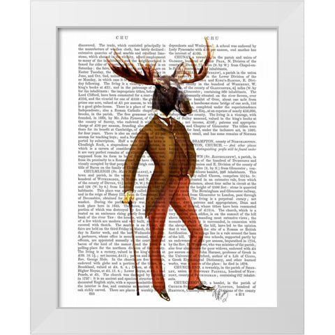 Moose In Suit Full White Modern Wood Framed Art Print by Fab Funky