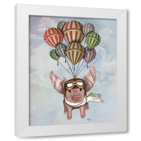 Pig And Balloons White Modern Wood Framed Art Print by Fab Funky