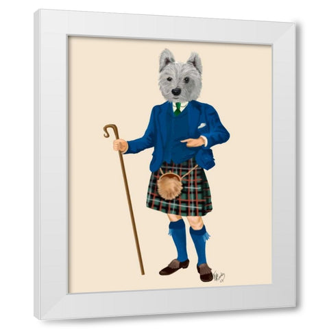 West Highland Terrier in Kilt White Modern Wood Framed Art Print by Fab Funky