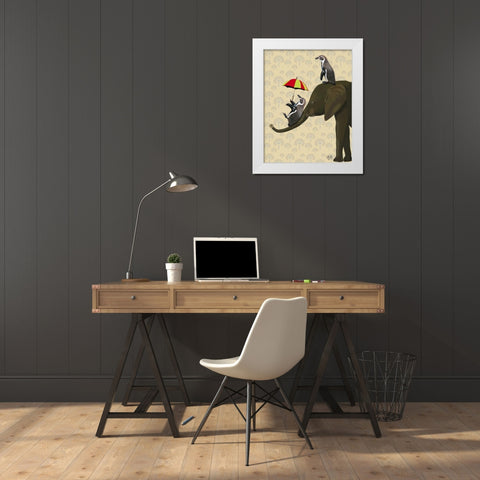 Elephant and Penguins White Modern Wood Framed Art Print by Fab Funky