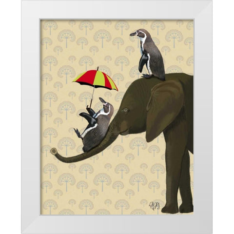 Elephant and Penguins White Modern Wood Framed Art Print by Fab Funky