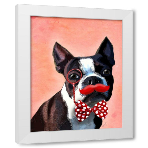Boston Terrier Portrait with Red Bow Tie and Moustache White Modern Wood Framed Art Print by Fab Funky