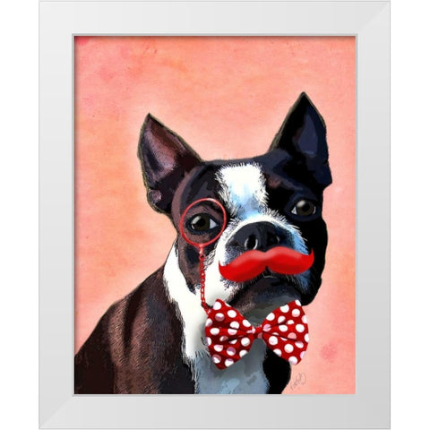 Boston Terrier Portrait with Red Bow Tie and Moustache White Modern Wood Framed Art Print by Fab Funky