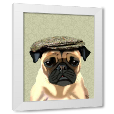 Pug in Flat Cap White Modern Wood Framed Art Print by Fab Funky