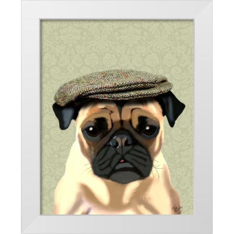 Pug in Flat Cap White Modern Wood Framed Art Print by Fab Funky