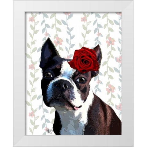 Boston Terrier with Rose on Head White Modern Wood Framed Art Print by Fab Funky