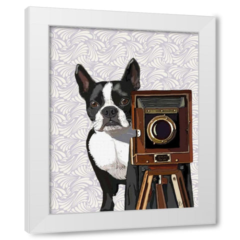 Boston Terrier Photographer White Modern Wood Framed Art Print by Fab Funky
