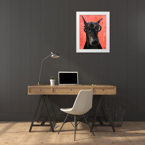 Doberman With Glasses White Modern Wood Framed Art Print by Fab Funky