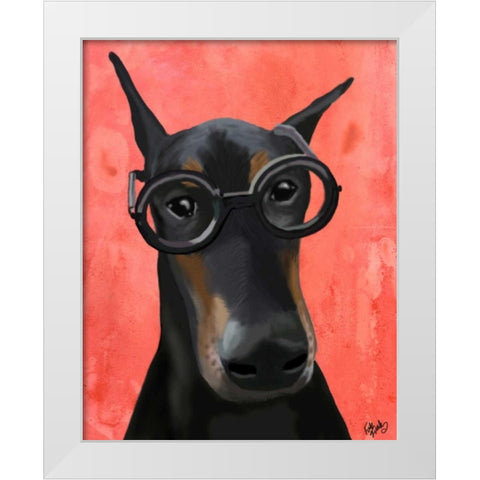 Doberman With Glasses White Modern Wood Framed Art Print by Fab Funky