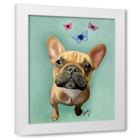 Brown French Bulldog and Butterflies White Modern Wood Framed Art Print by Fab Funky