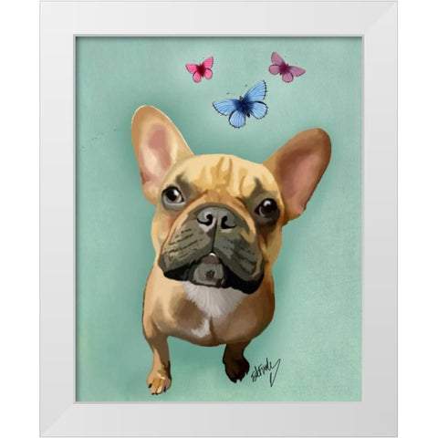 Brown French Bulldog and Butterflies White Modern Wood Framed Art Print by Fab Funky