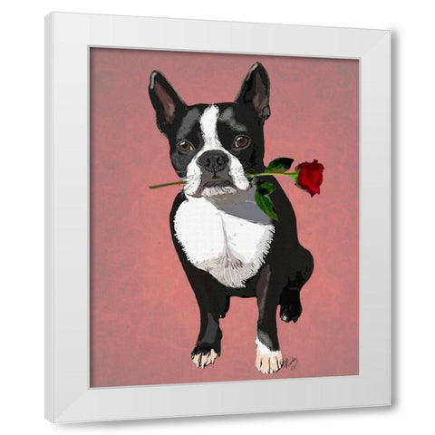 Boston Terrier with Rose in Mouth White Modern Wood Framed Art Print by Fab Funky