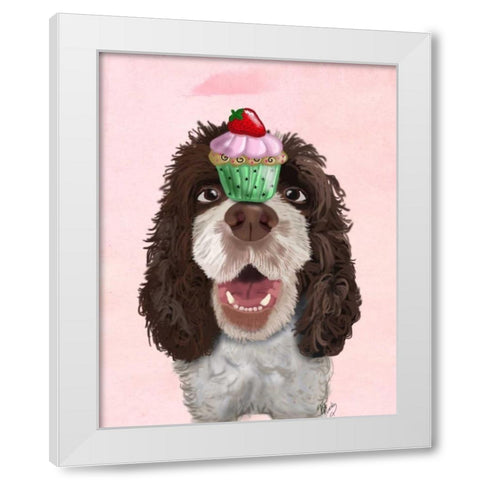 Springer Spaniel with Cupcake White Modern Wood Framed Art Print by Fab Funky