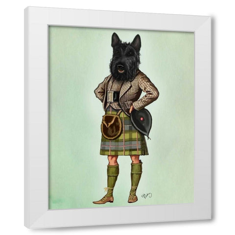 Scottish Terrier in Kilt White Modern Wood Framed Art Print by Fab Funky