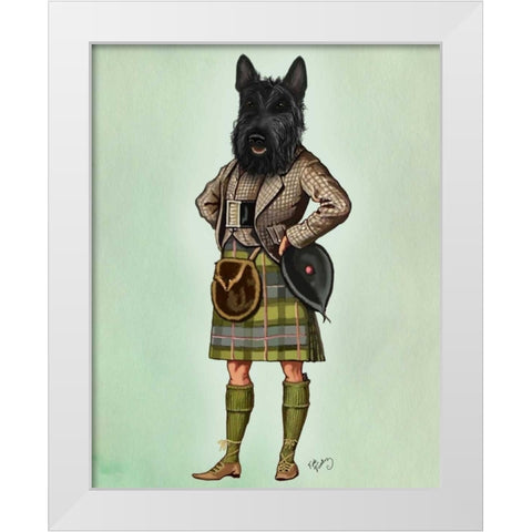 Scottish Terrier in Kilt White Modern Wood Framed Art Print by Fab Funky