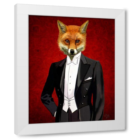 Fox In Evening Suit Portrait White Modern Wood Framed Art Print by Fab Funky