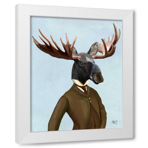 Moose In Suit Portrait White Modern Wood Framed Art Print by Fab Funky
