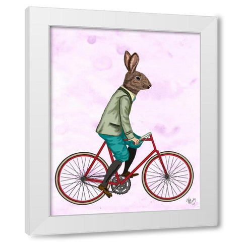 Rabbit On Bike White Modern Wood Framed Art Print by Fab Funky