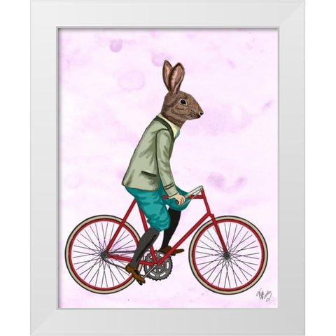 Rabbit On Bike White Modern Wood Framed Art Print by Fab Funky
