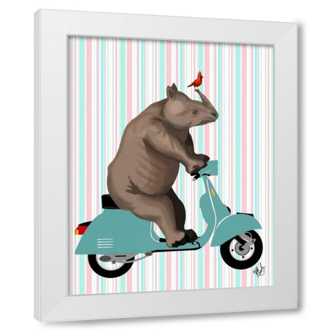 Rhino on Moped White Modern Wood Framed Art Print by Fab Funky