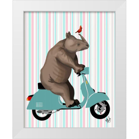 Rhino on Moped White Modern Wood Framed Art Print by Fab Funky