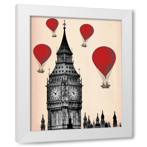 Big Ben and Red Hot Air Balloons White Modern Wood Framed Art Print by Fab Funky