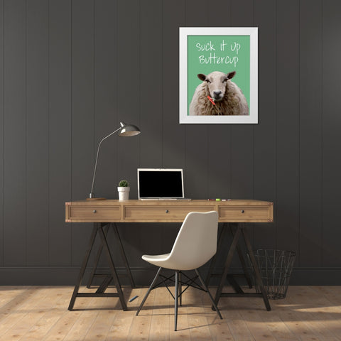 Suck It Up Buttercup Sheep Print White Modern Wood Framed Art Print by Fab Funky