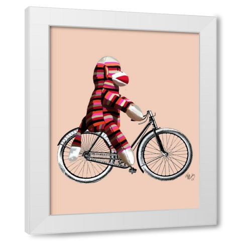Sock Monkey on Bicycle White Modern Wood Framed Art Print by Fab Funky