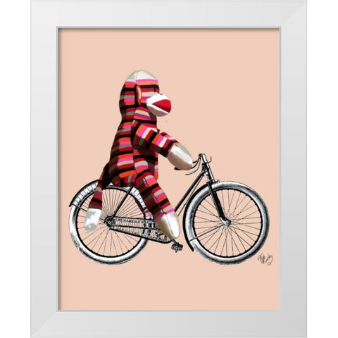 Sock Monkey on Bicycle White Modern Wood Framed Art Print by Fab Funky