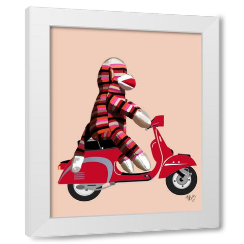 Sock Monkey on Red Moped White Modern Wood Framed Art Print by Fab Funky