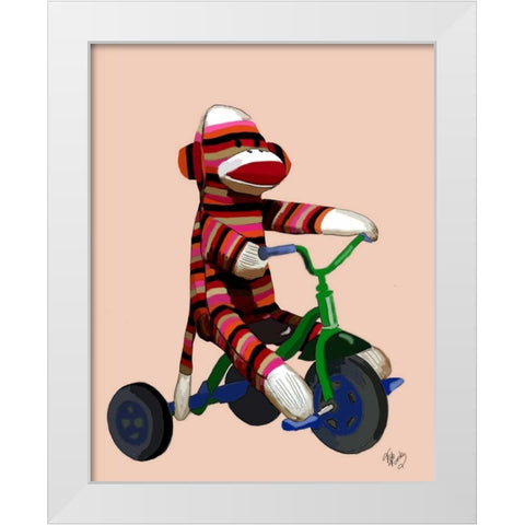 Sock Monkey Tricycle White Modern Wood Framed Art Print by Fab Funky