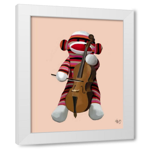 Sock Monkey and Cello White Modern Wood Framed Art Print by Fab Funky