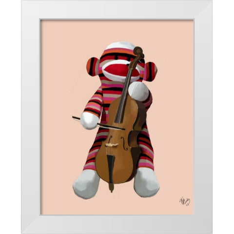 Sock Monkey and Cello White Modern Wood Framed Art Print by Fab Funky