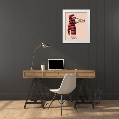 Sock Monkey Playing Trumpet White Modern Wood Framed Art Print by Fab Funky