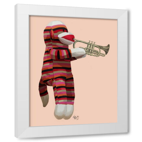 Sock Monkey Playing Trumpet White Modern Wood Framed Art Print by Fab Funky