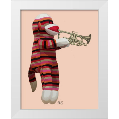 Sock Monkey Playing Trumpet White Modern Wood Framed Art Print by Fab Funky