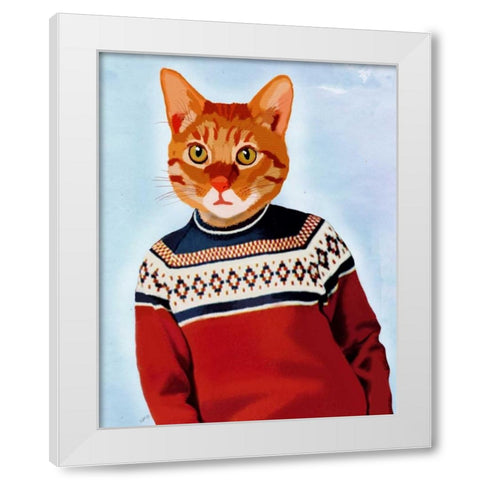 Cat in Ski Sweater White Modern Wood Framed Art Print by Fab Funky